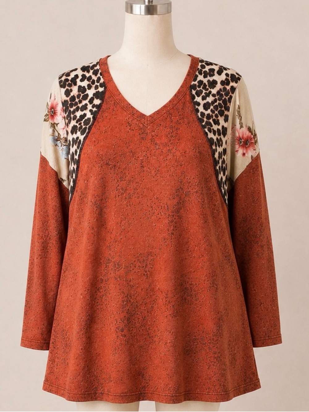 Lovely Melody 2XL Rust Leopard Floral Long Sleeve Swing Tunic Boutique Plus Size